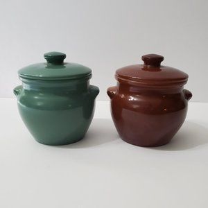 Dutchess Cheese New York Small Milk Glass Crocks Brown Green Lidded Containers
